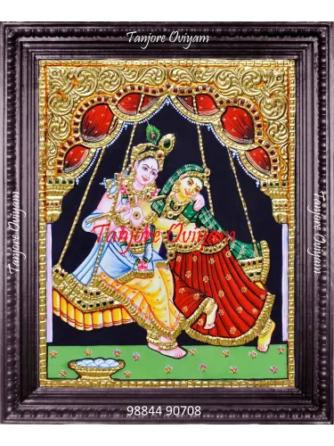 Jhula Radha Krishna Tanjore painting with swing leela design, gold and traditional detailing